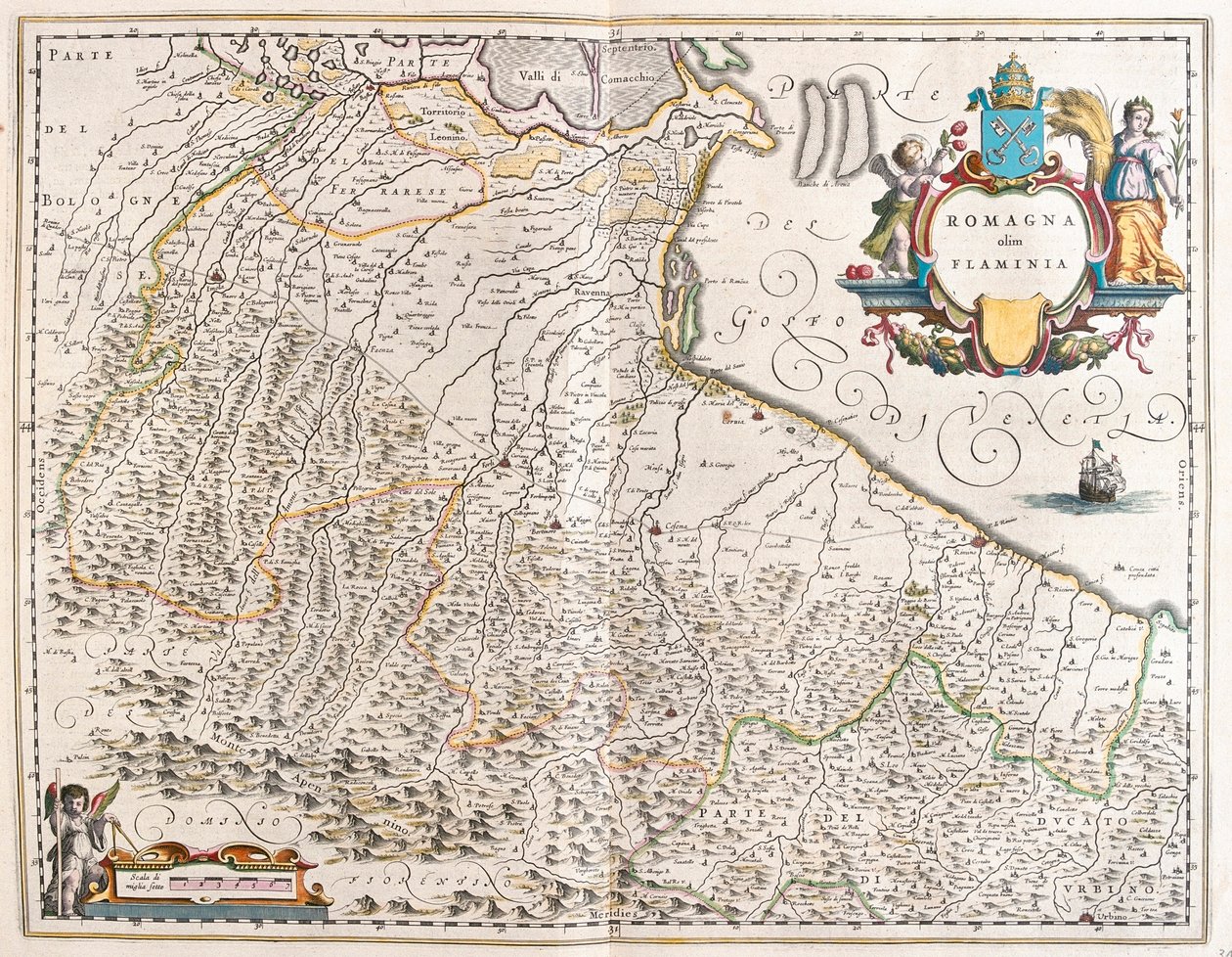 Emilia Romagna, Itálie, v "Theatrum Orbis Terrarum, sive Atlas Novus" Willema Blaeua, Amsterdam od Willem Blaeu