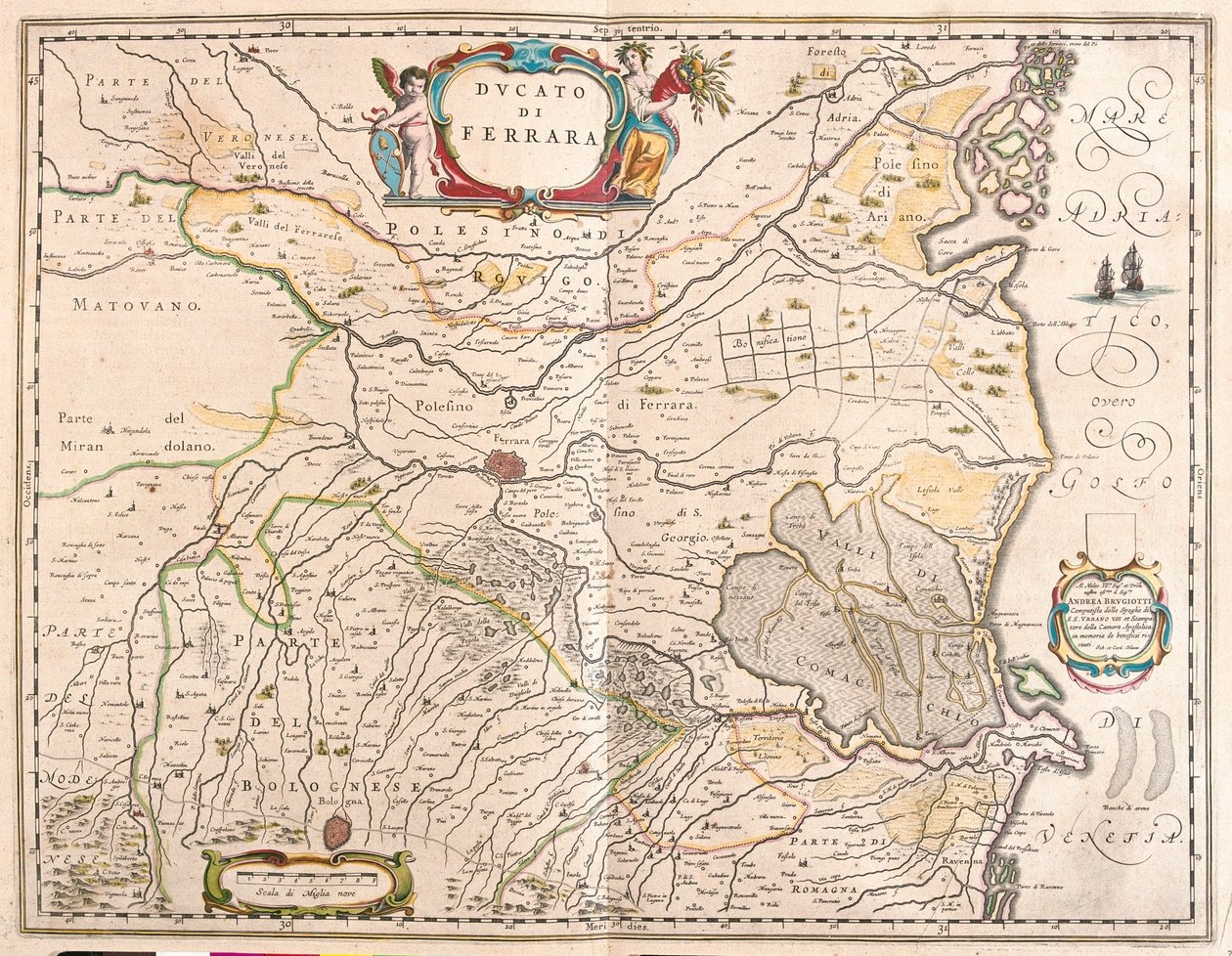 Ferrara, Itálie, v "Theatrum Orbis Terrarum, sive Atlas Novus" Willema Blaeua, Amsterdam od Willem Blaeu