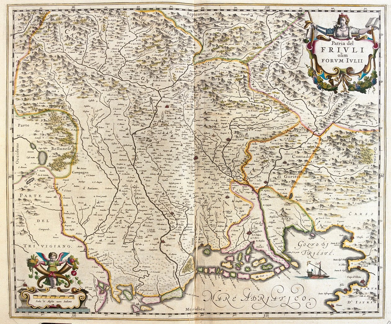 Friuli Venezia Giulia, Itálie, v "Theatrum Orbis Terrarum, sive Atlas Novus" Willema Blaeua, Amsterdam od Willem Blaeu