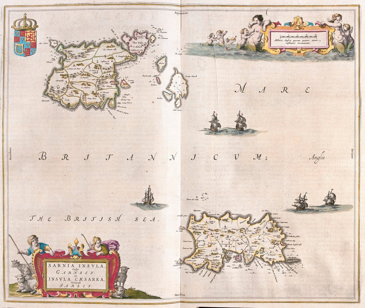 Garnsey - ostrovy v dresu, v "Theatrum Orbis Terrarum, sive Atlas Novus" Willema Blaeua, Amsterdam od Willem Blaeu