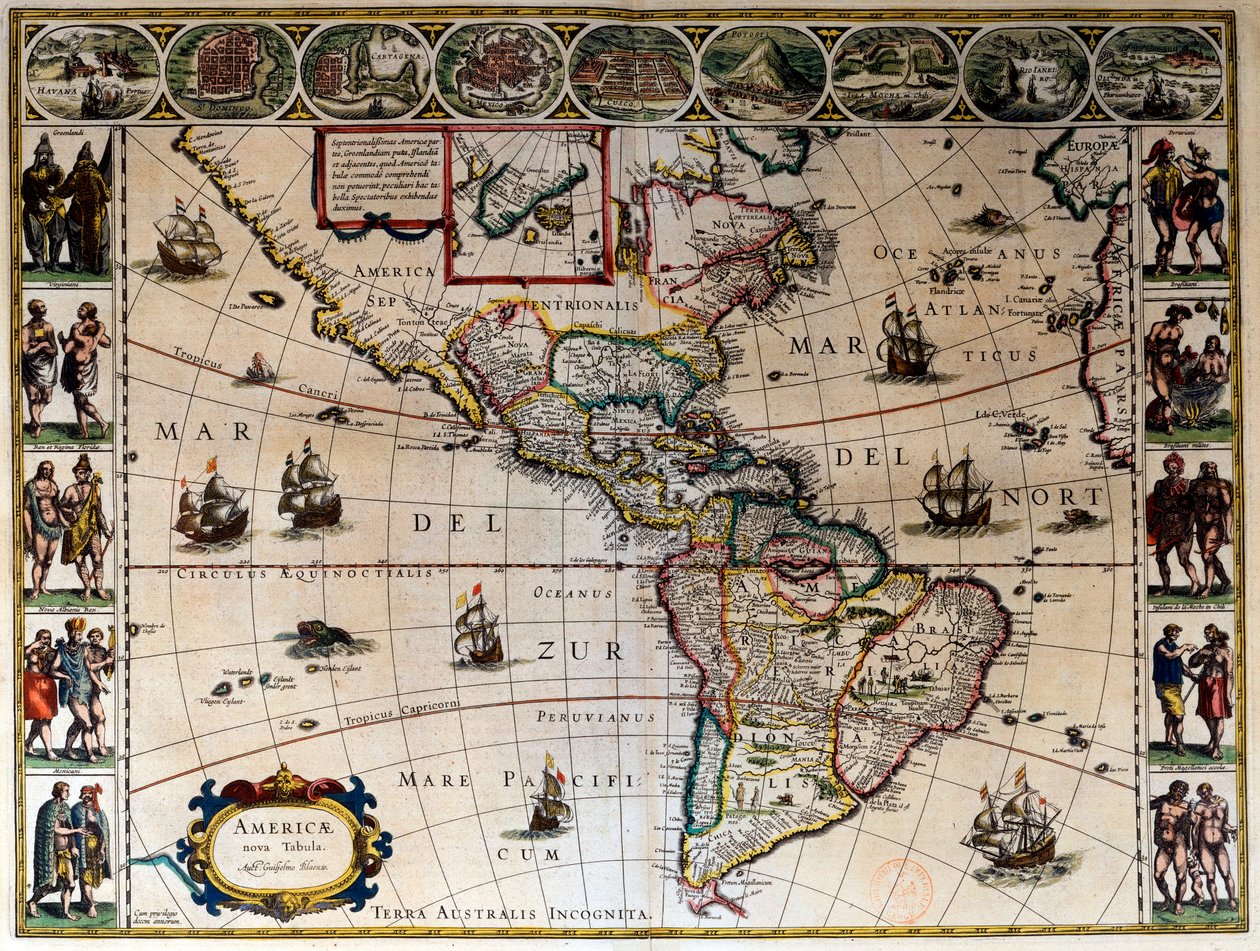 Zeměpisná mapa Ameriky. V „“Le Theatre du monde ou le nouvel atlas Amsterdam”” produkoval Willem Janszoon Blaeu (1571-1638) od Willem Blaeu