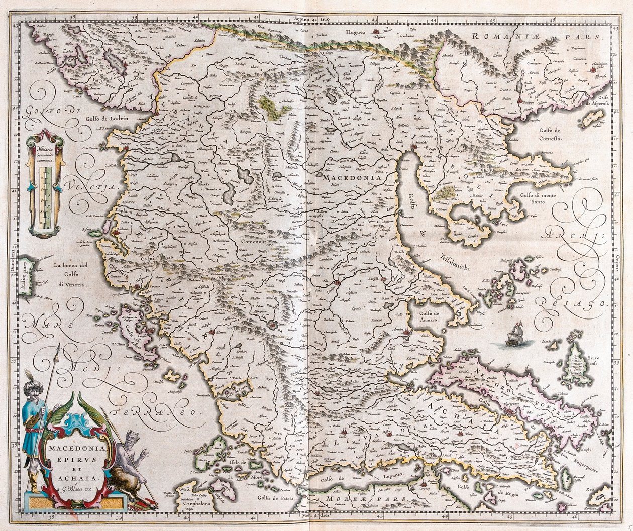 Řecko, Makedonie, Albánie, v "Theatrum Orbis Terrarum, sive Atlas Novus" Willema Blaeua, Amsterdam od Willem Blaeu
