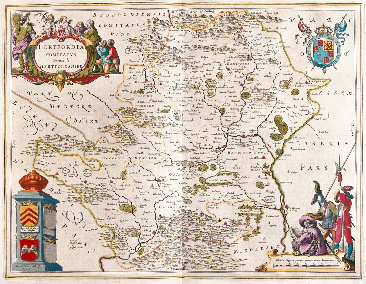 Hertfordské hrabství, v "Theatrum Orbis Terrarum, sive Atlas Novus" Willema Blaeua, Amsterdam od Willem Blaeu