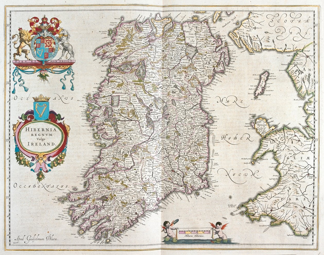 Irsko, v "Theatrum Orbis Terrarum, sive Atlas Novus" Willema Blaeua, Amsterdam od Willem Blaeu