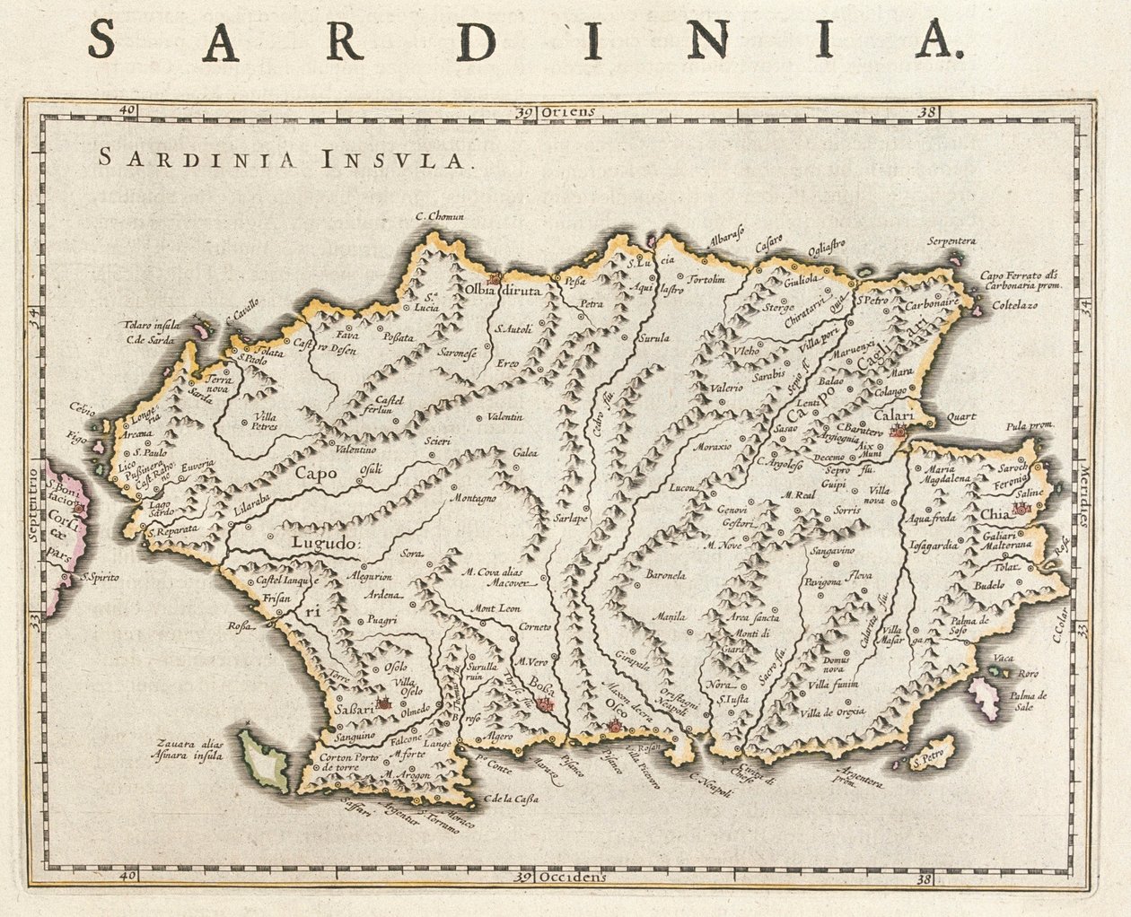 Ostrov Sardinie, Itálie, v "Theatrum Orbis Terrarum, sive Atlas Novus" Willema Blaeua, Amsterdam od Willem Blaeu