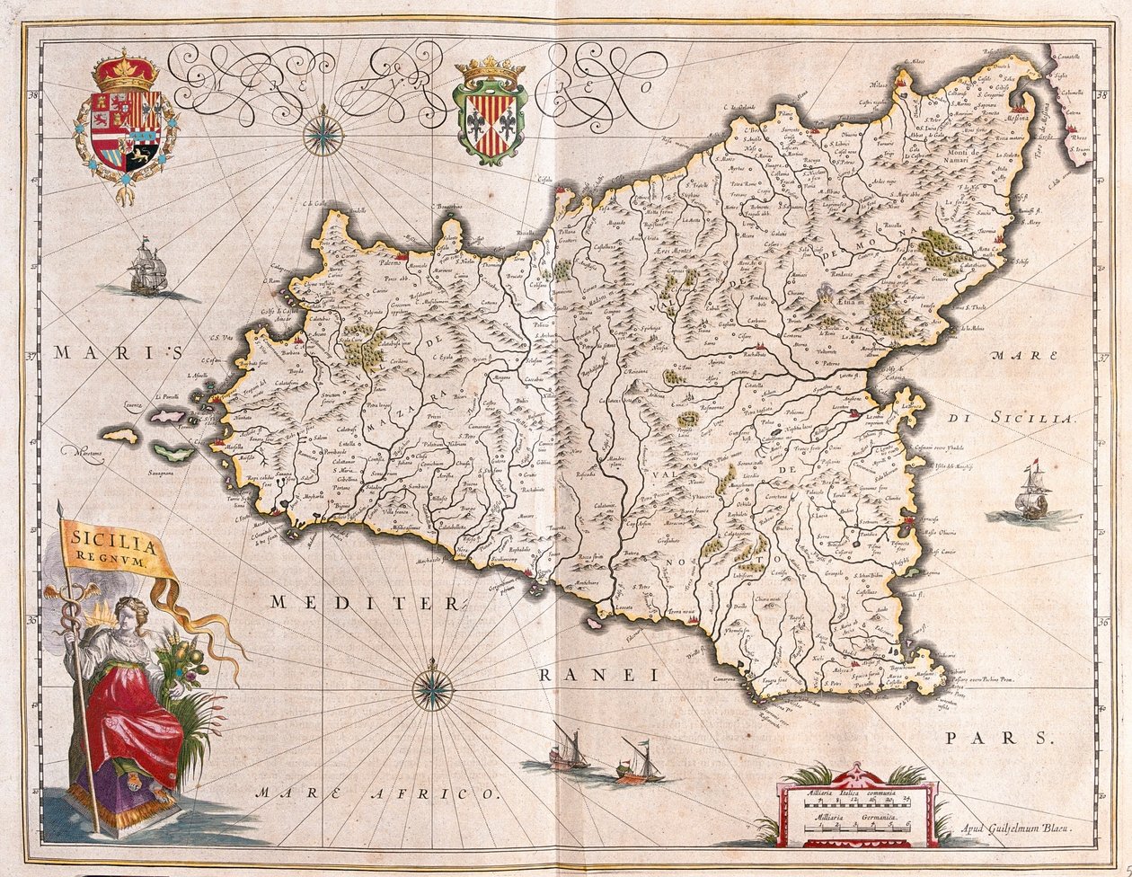 Ostrov Sicílie, Itálie, v "Theatrum Orbis Terrarum, sive Atlas Novus" Willema Blaeua, Amsterdam od Willem Blaeu