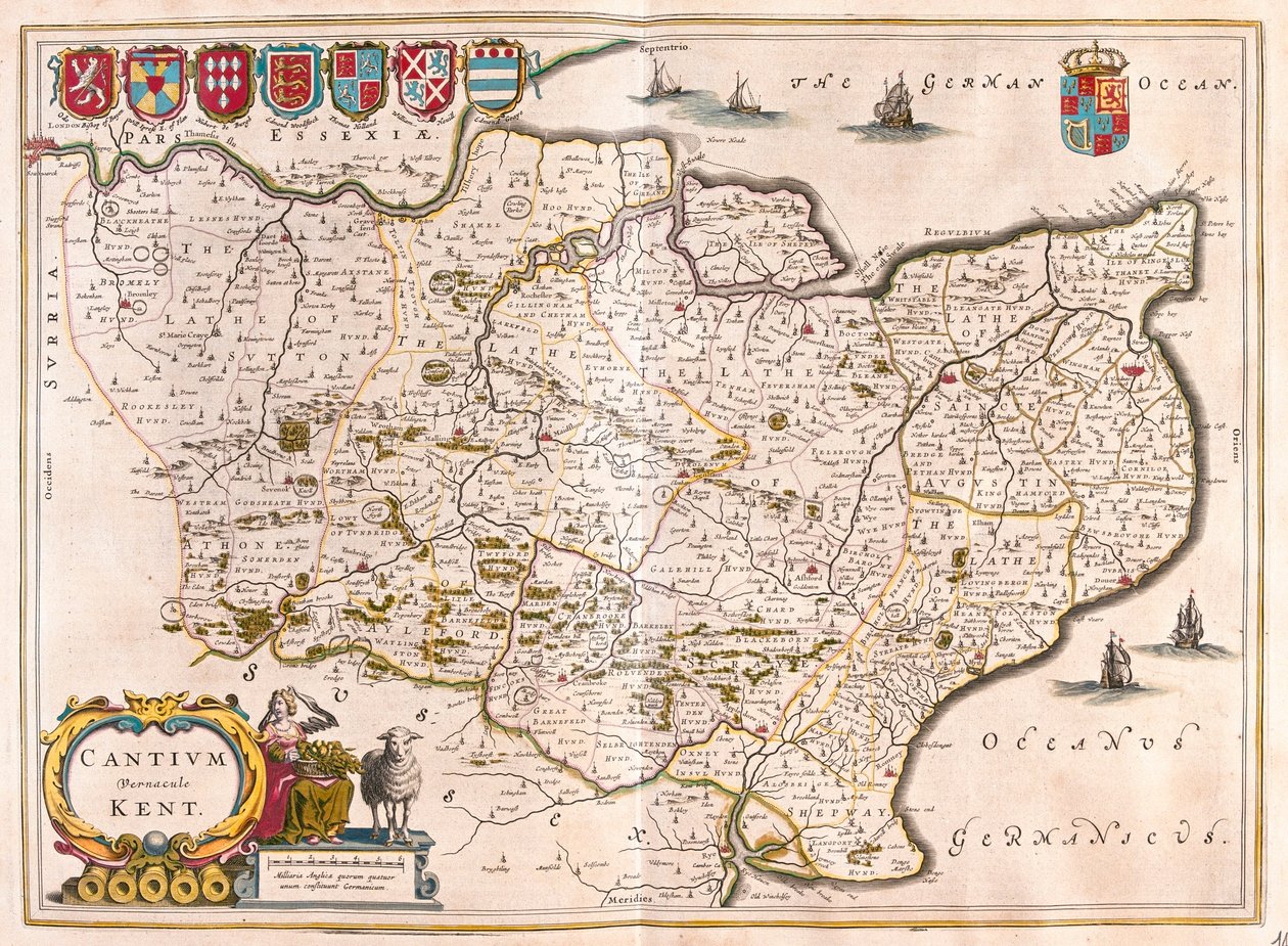 Kent, v "Theatrum Orbis Terrarum, sive Atlas Novus" Willema Blaeua, Amsterdam od Willem Blaeu