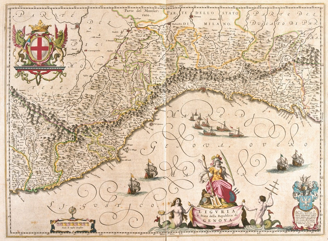 Ligurie, Itálie, v "Theatrum Orbis Terrarum, sive Atlas Novus", Willem Blaeu, Amsterdam od Willem Blaeu