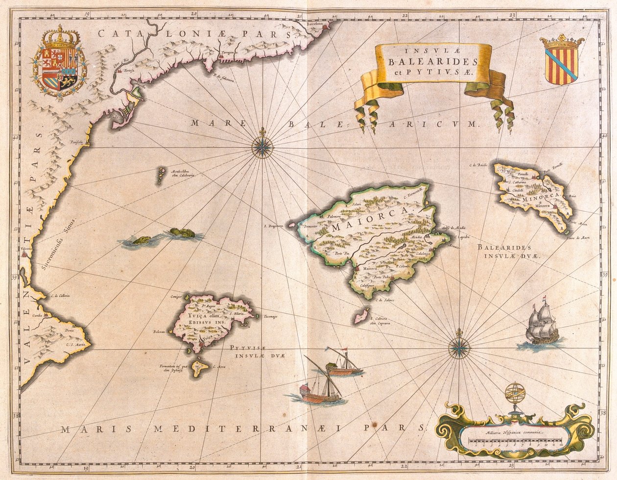 Mallorca, Minorca a Ibiza, včetně pobřeží Katalánska a Valencie, v "Theatrum Orbis Terrarum, sive Atlas Novus" Willema Blaeua, Amsterdam. od Willem Blaeu