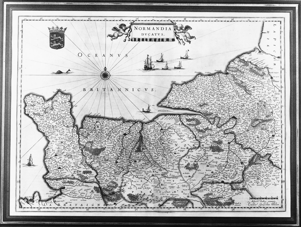 Mapa Normandie podle ilustrace z Theatrum Orbis Terrarum nebo Atlas Novus od Willema a Joan Blaeuových, deska představující Normandie Ducatus od Willem Blaeu