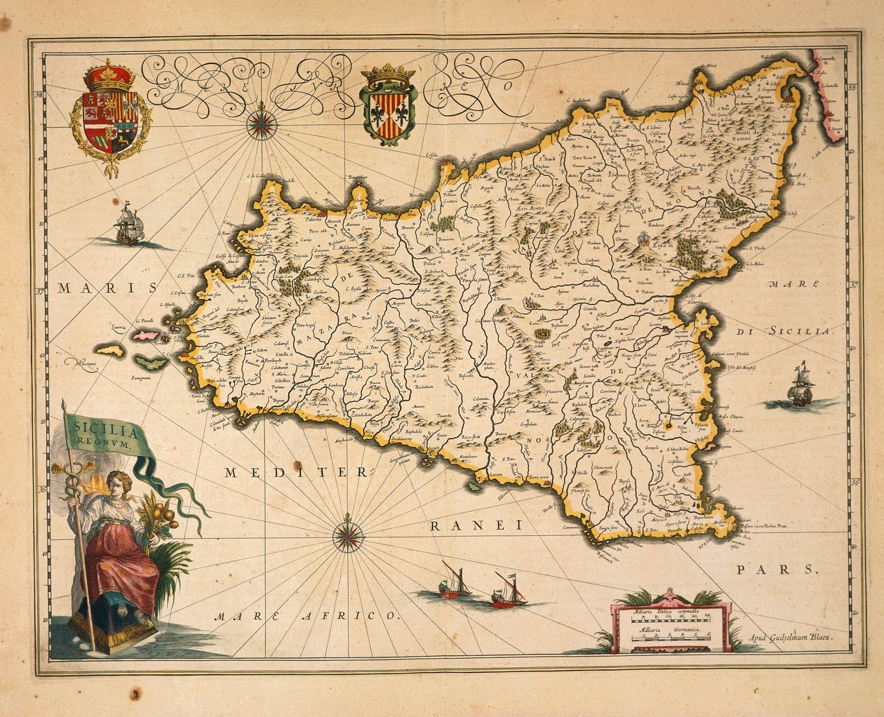 Mapa Sicílie, Willem Blaeu, z Regionum Italiae, rytina od Willem Blaeu