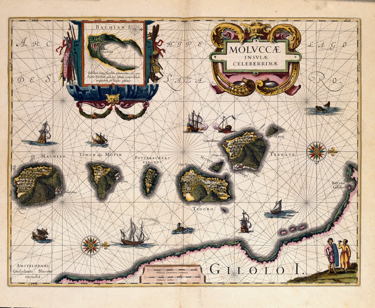 Mapa souostroví Molucca východně od Indonésie. (rytina od Willem Blaeu
