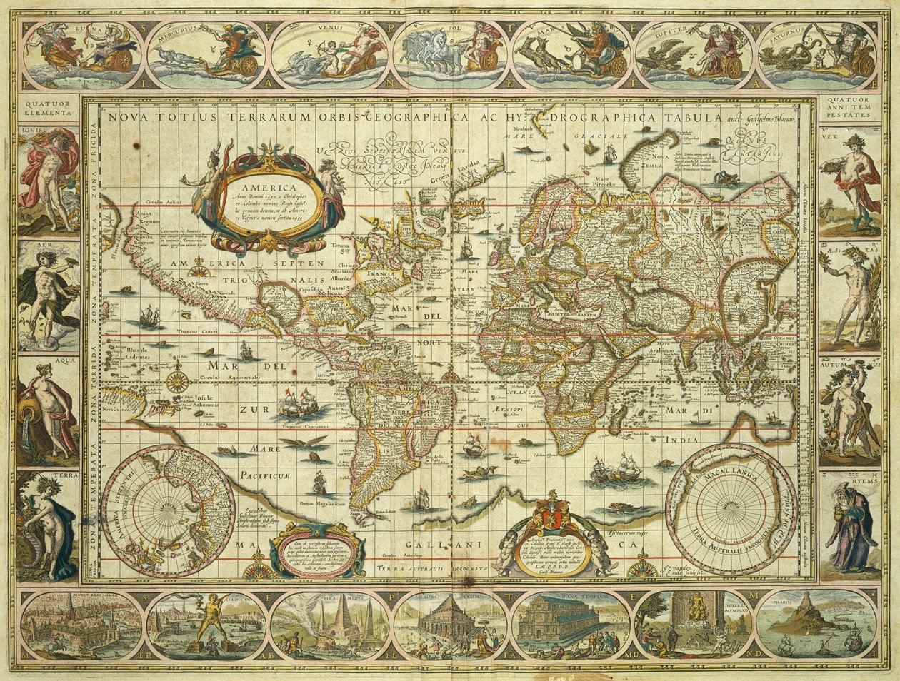 Nová mapa světa a hydrografická mapa, Willem Janszoon Blaeu (1571-1638), Amsterdam od Willem Blaeu