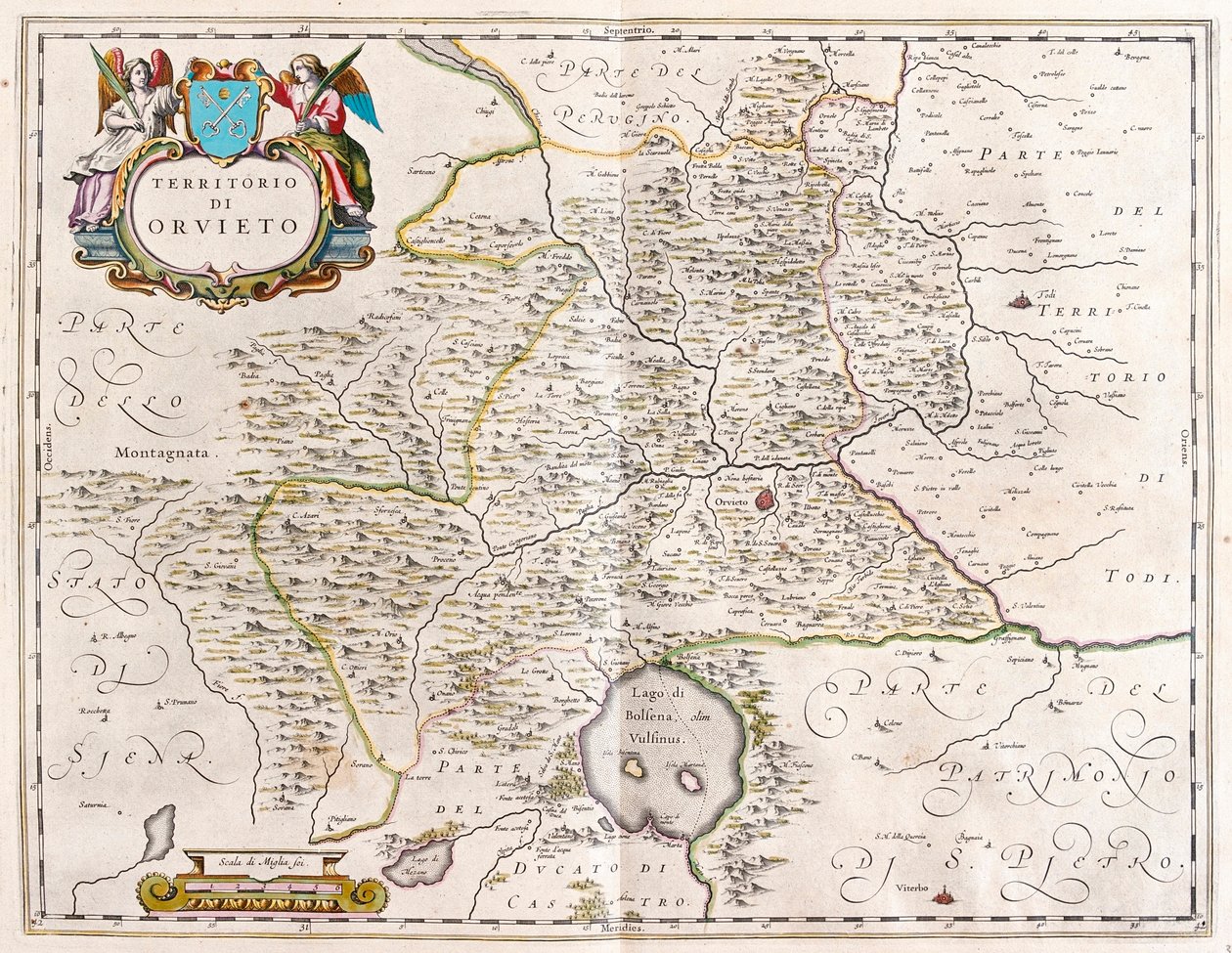 Orvieto, jezero Bolsena, Itálie, v "Theatrum Orbis Terrarum, sive Atlas Novus" Willema Blaeua, Amsterdam od Willem Blaeu