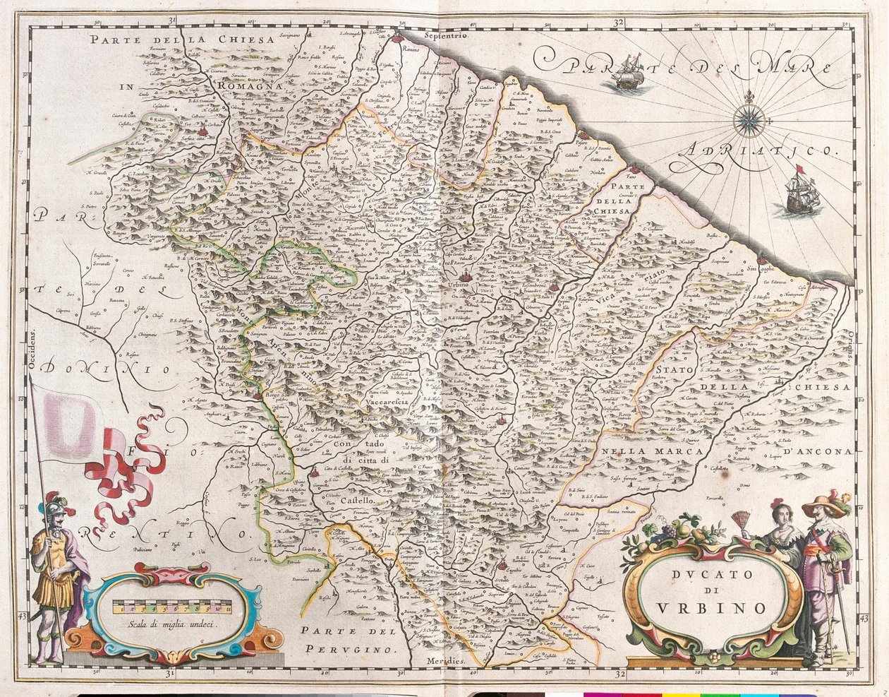 Pesaro a Urbino, Itálie, v "Theatrum Orbis Terrarum, sive Atlas Novus" Willema Blaeua, Amsterdam od Willem Blaeu