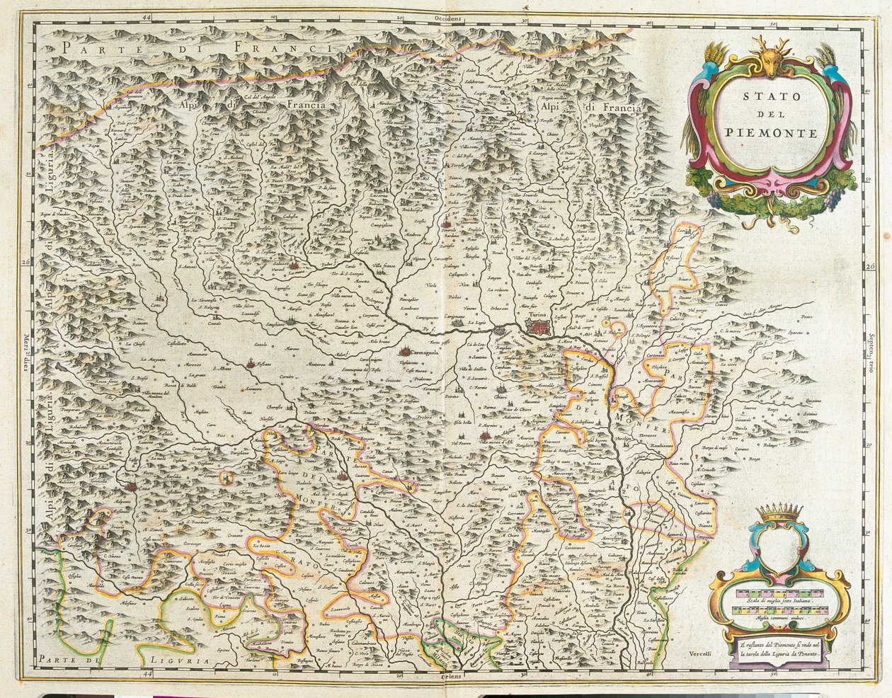 Piemont, údolí Aosta a Ligurie, Itálie, v "Theatrum Orbis Terrarum, sive Atlas Novus" Willema Blaeua, Amsterdam od Willem Blaeu