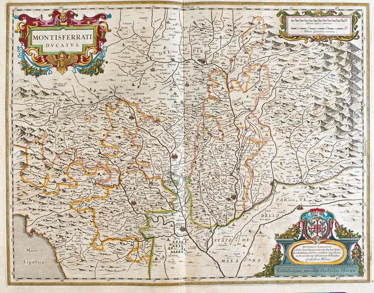 Piemont, Itálie, v "Theatrum Orbis Terrarum, sive Atlas Novus" Willema Blaeua, Amsterdam od Willem Blaeu