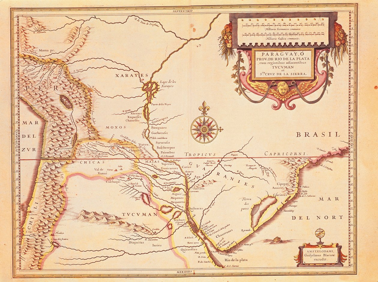 Rio de ll Plate, Stříbrná řeka a povodí Parany v Paraguayi, z Atlasu Willema Blaeu od Willem Blaeu