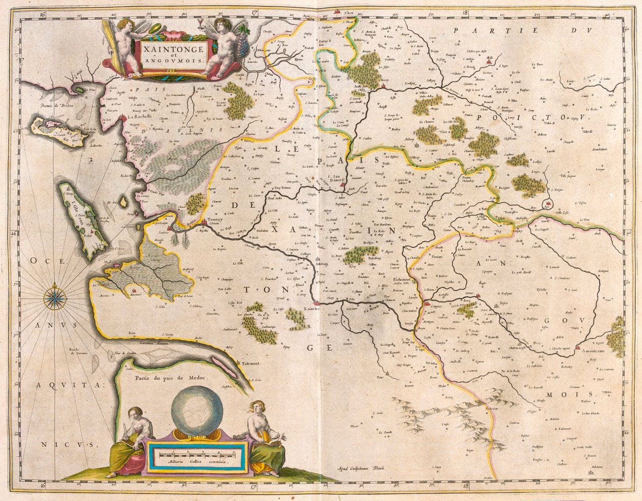 Saintonge a Angoumois, Charente-Maritime, v "Theatrum Orbis Terrarum, sive Atlas Novus" Willema Blaeu, Amsterdam od Willem Blaeu