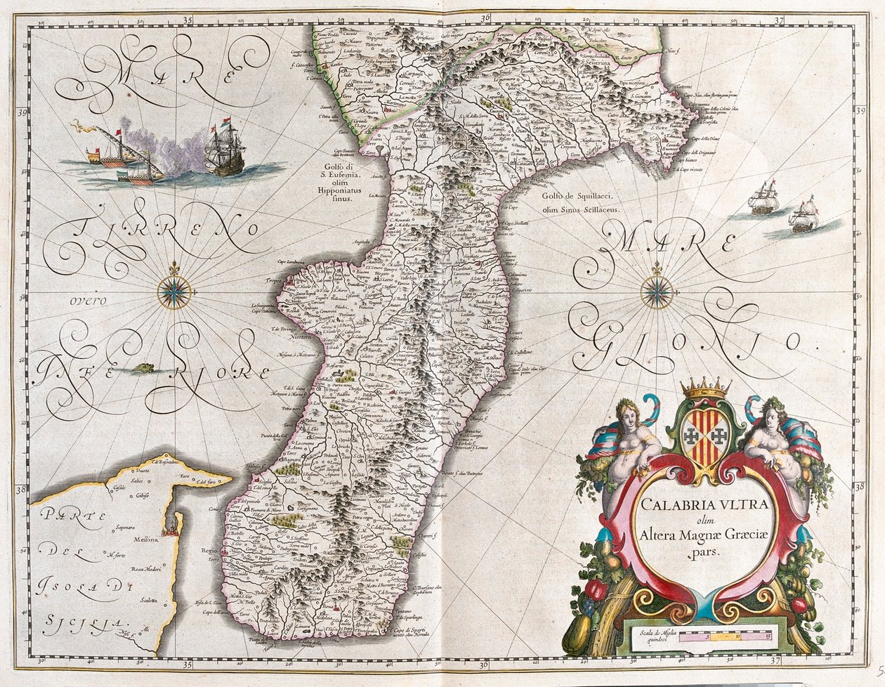 Jih Kalábrie, Itálie, v "Theatrum Orbis Terrarum, sive Atlas Novus" Willema Blaeua, Amsterdam od Willem Blaeu