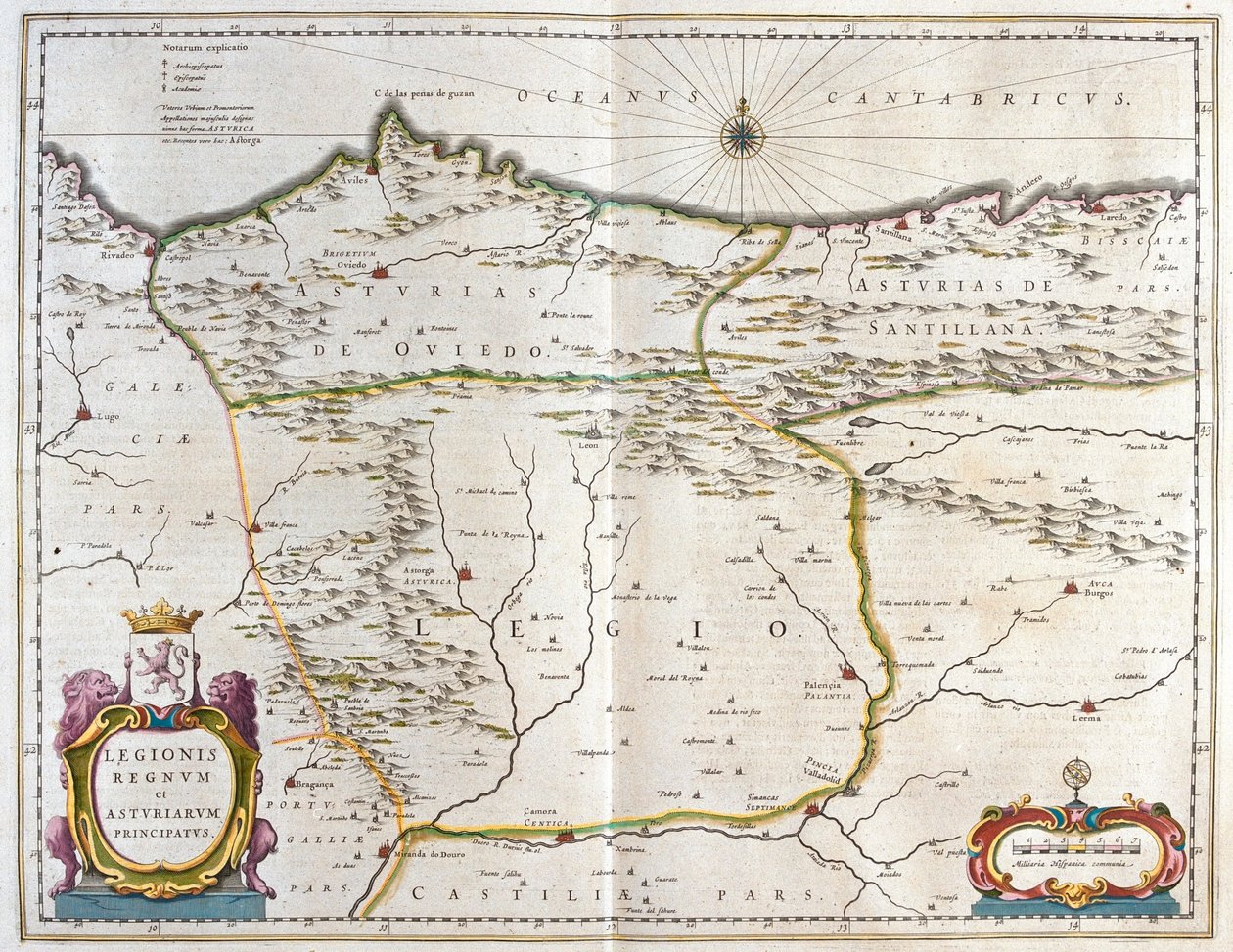 Španělská provincie Asturias, Kastilie a Léon, včetně měst Oviedo, León, Santander, Valladolid, v "Theatrum Orbis Terrarum, sive Atlas Novus" Willema Blaeua, Amsterdam. od Willem Blaeu
