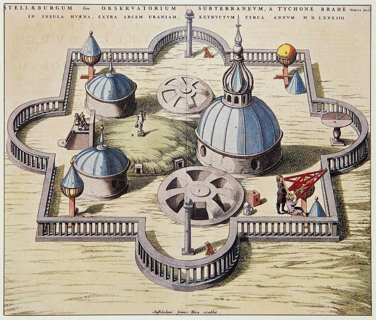 Stelleburgum sive Observatorium Subterraeum, podzemní astronomická observatoř ve Stjerneborgu (Hvězdný hrad), navržený Tycho Brahe (1546-1601) na ostrově Hven, Dánsko, kresba Willem Blaeu, asi 1595. od Willem Blaeu