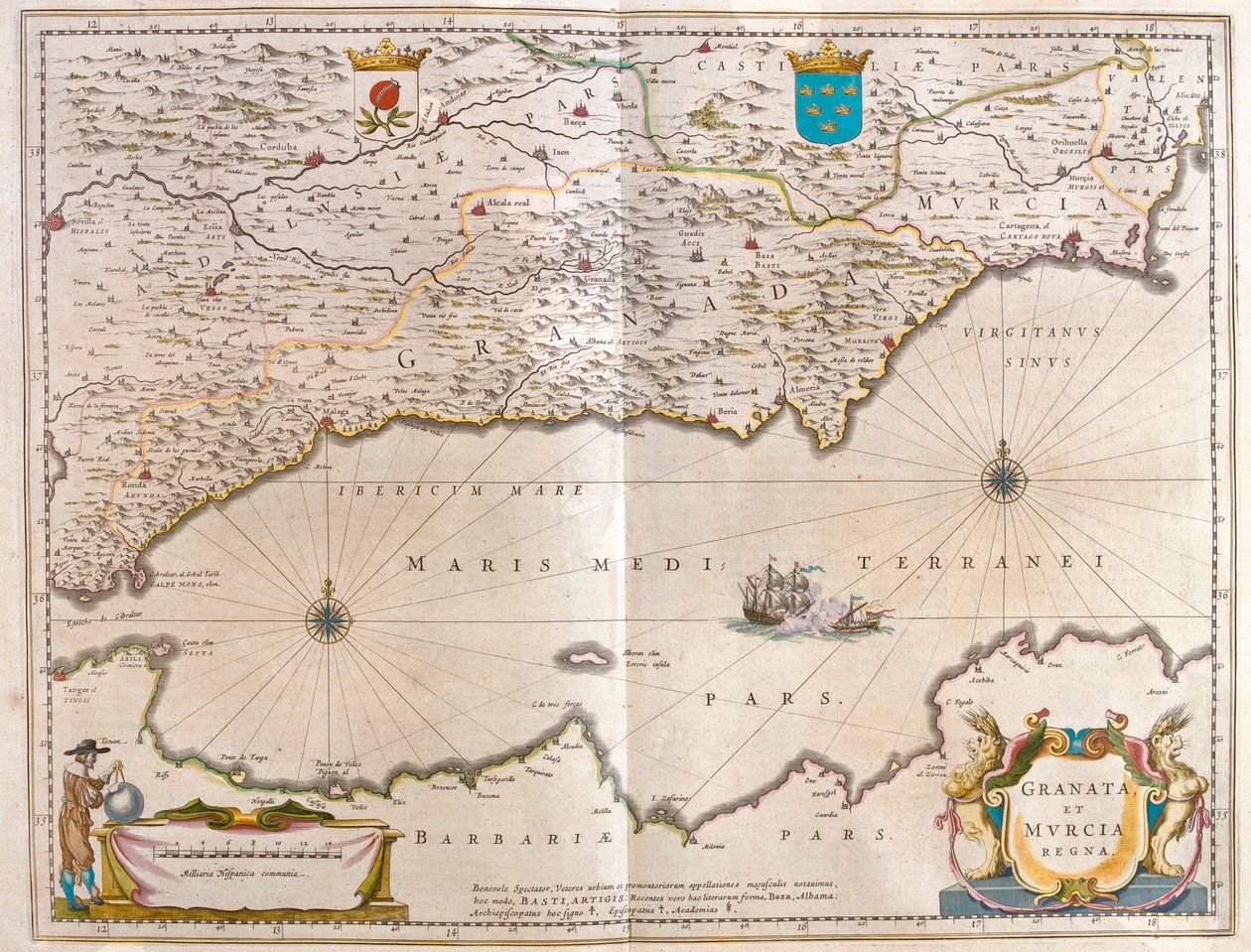 od Gibraltarského průlivu po Alicante až po údolí Guagalquiviru a Sevillu a pobřeží severní Afriky, v "Theatrum Orbis Terrarum, sive Atlas Novus" Willema Blaeua, Amsterdam. od Willem Blaeu