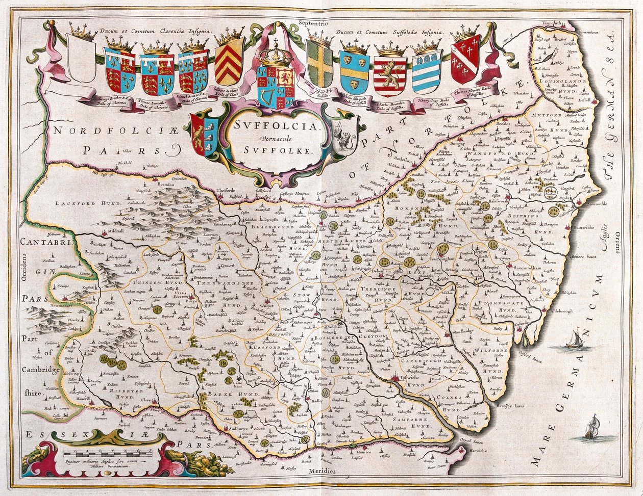 Suffolk, v "Theatrum Orbis Terrarum, sive Atlas Novus" Willema Blaeua, Amsterdam od Willem Blaeu