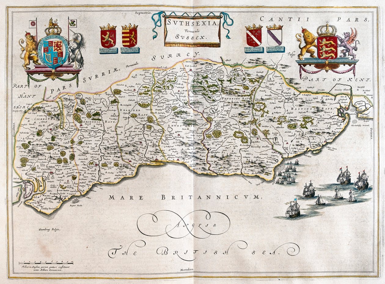 Sussex, v "Theatrum Orbis Terrarum, sive Atlas Novus" Willema Blaeua, Amsterdam od Willem Blaeu