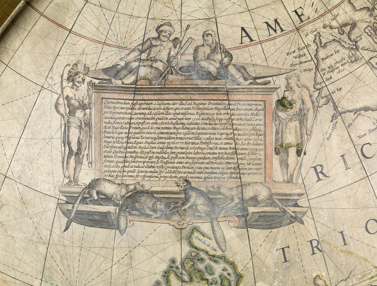 Zemský globus, detail kartuše, cca 1650 (papír mache, sádra, mědirytina, tuš, lak, mosaz, dřevo, papír) od Willem Blaeu