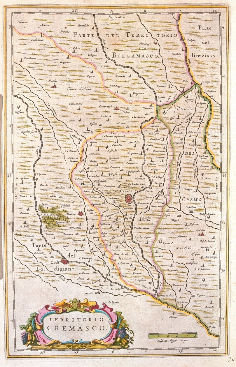 Území Crema, Itálie, v "Theatrum Orbis Terrarum, sive Atlas Novus" Willema Blaeua, Amsterdam od Willem Blaeu