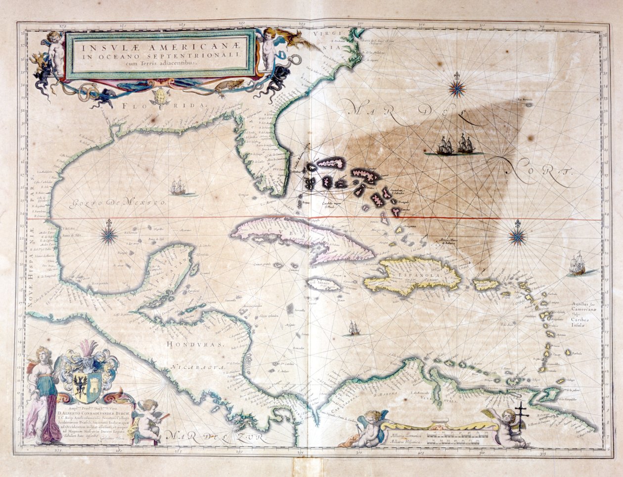 Karibské moře: můžete vidět Bermudský trojúhelník mezi Bermudským souostrovím, Miami a Portorikem. Podle Atlasu Wilhelma Blaeua od Willem Blaeu