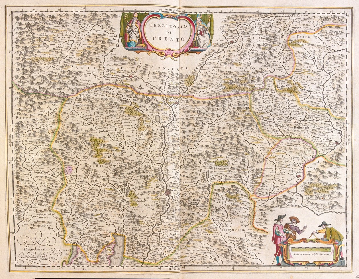 Trento, Itálie, v "Theatrum Orbis Terrarum, sive Atlas Novus" Willema Blaeua, Amsterdam od Willem Blaeu