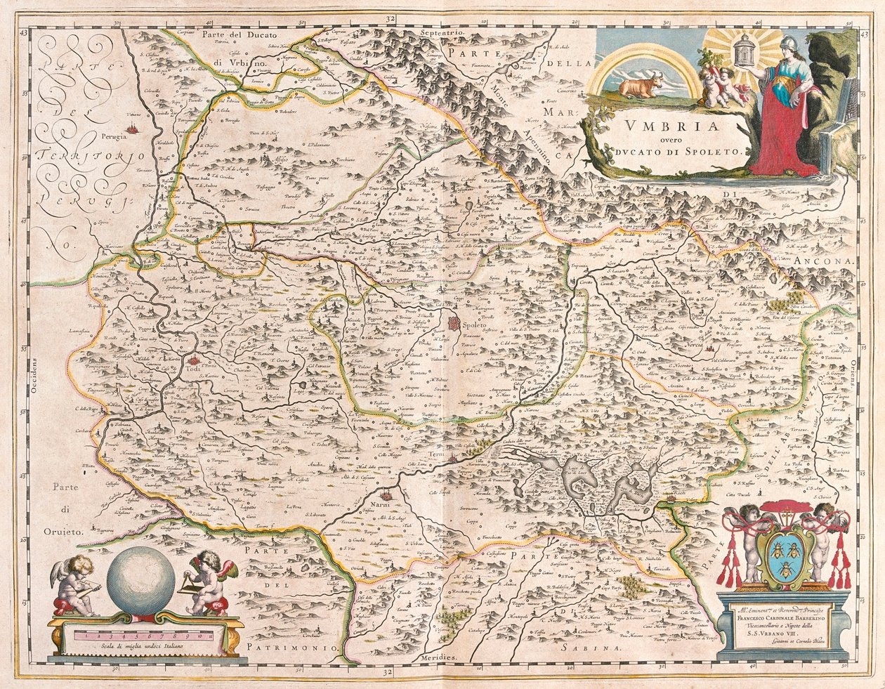 Umbria, Itálie, v "Theatrum Orbis Terrarum, sive Atlas Novus" Willema Blaeua, Amsterdam od Willem Blaeu
