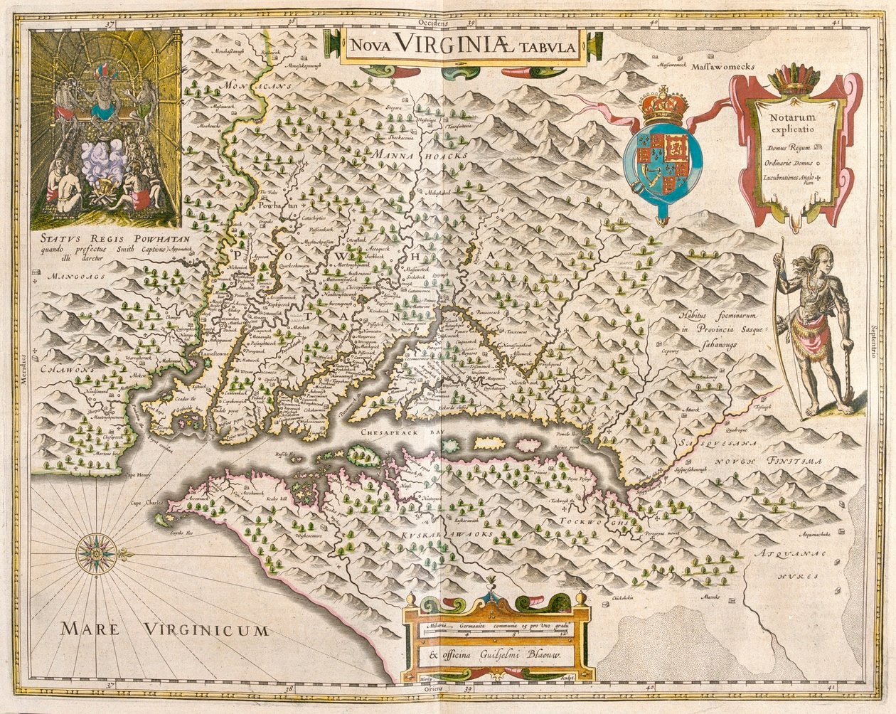 Virginie a oblast Chesapeake, v "Theatrum Orbis Terrarum, sive Atlas Novus" Willema Blaeua, Amsterdam. od Willem Blaeu