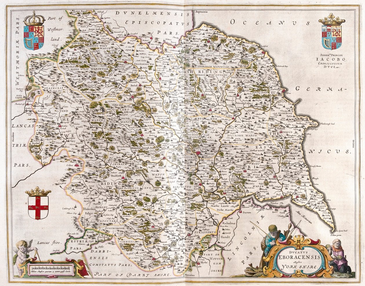 Yorkshire, v "Theatrum Orbis Terrarum, sive Atlas Novus" Willema Blaeua, Amsterdam od Willem Blaeu