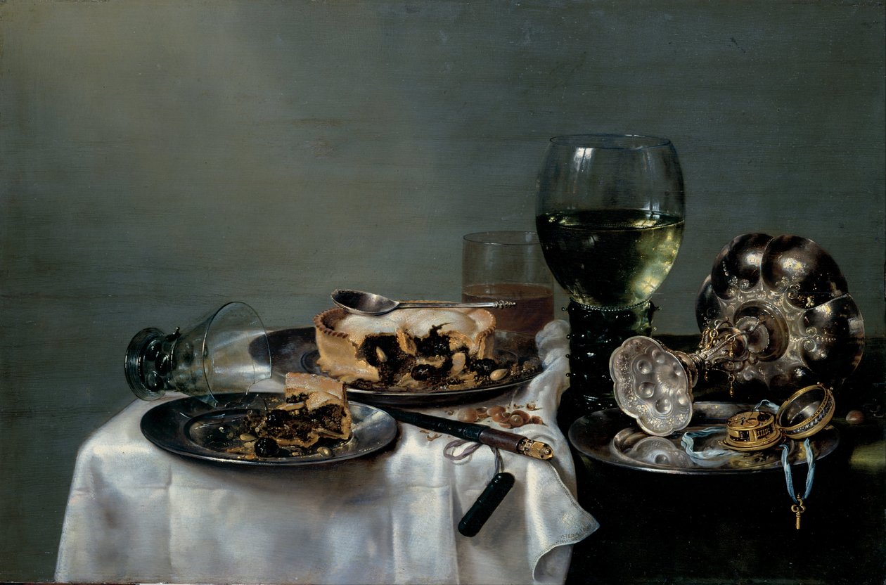Snídaňový stůl s ostružinovým koláčem, 1631 od Willem Claesz. Heda