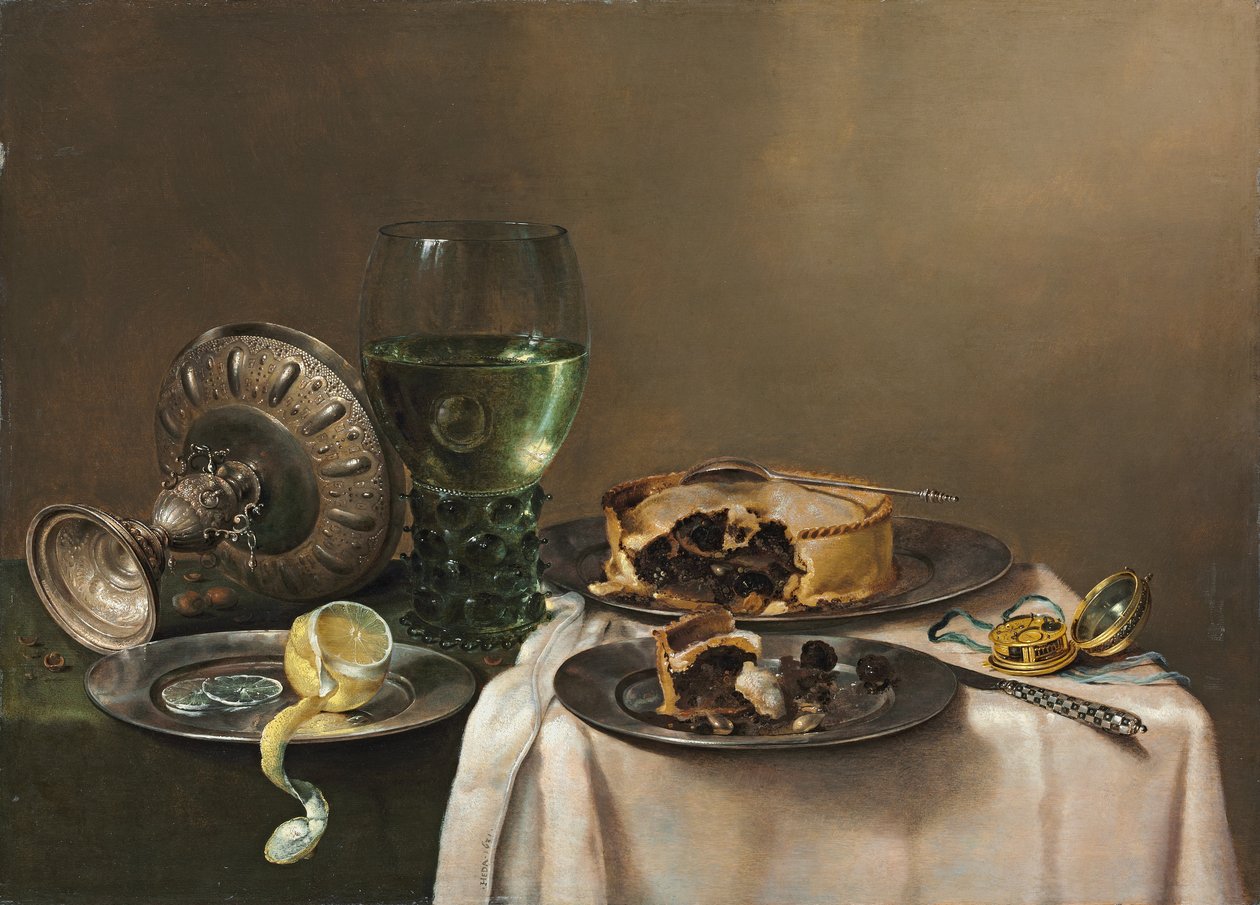 Pronkové zátiší s roemerem, obrácenou stříbrnou tazzou, napůl oloupaným citronem na cínovém talíři, s koláčem, hodinkami a nožem, 1631 od Willem Claesz. Heda