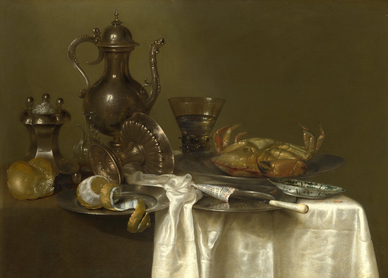 Zátiší: Cín, stříbrné nádoby a krab, asi 1636 od Willem Claesz. Heda