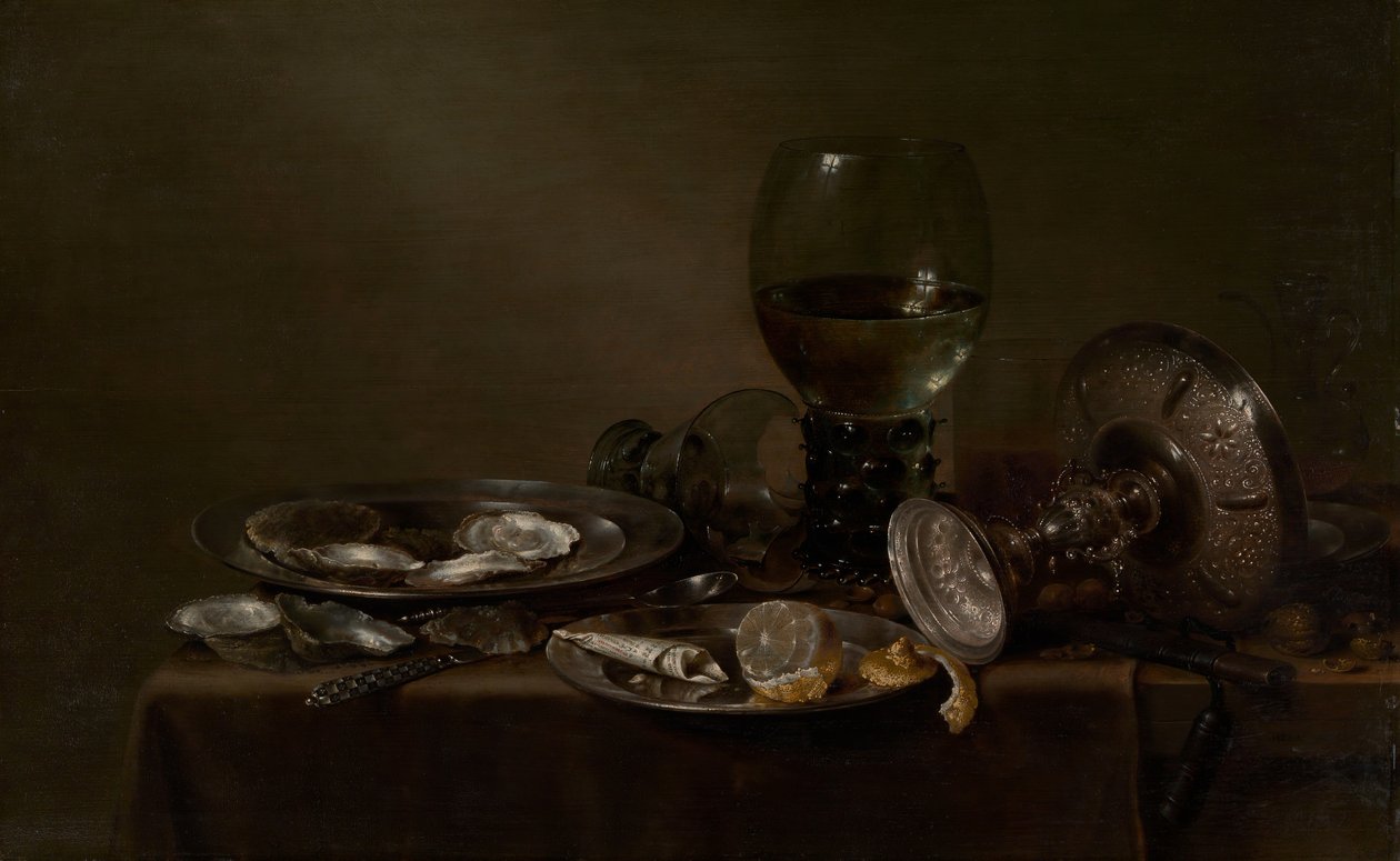 Zátiší s ústřicemi, stříbrnou tazzou a sklem, 1635. od Willem Claesz. Heda