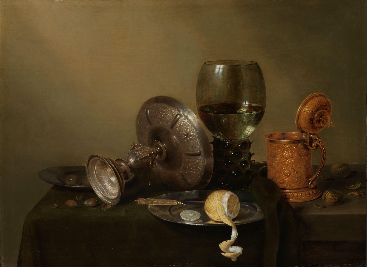 Zátiší s pozlacenou pivní nádrží od Willem Claesz. Heda