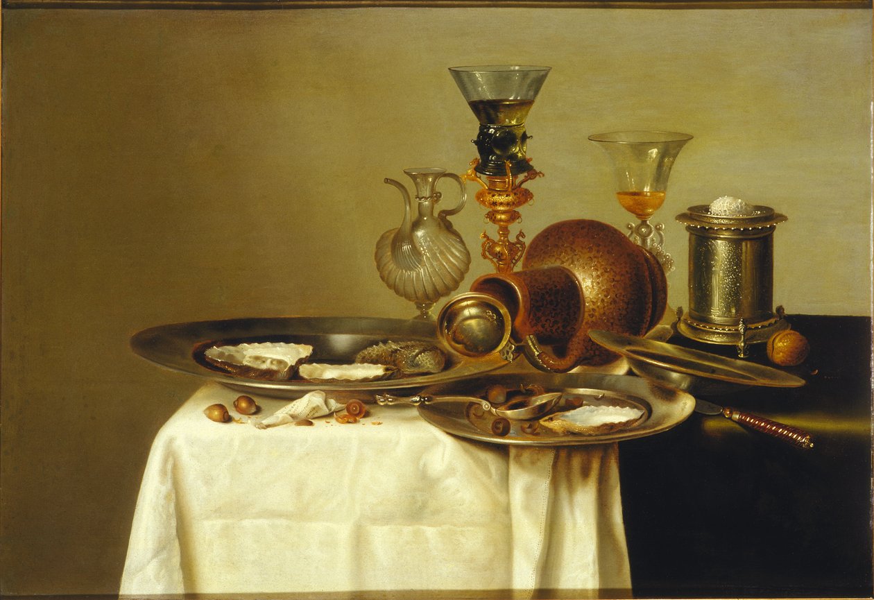 Zátiší s roemerem na zlaceném podstavci, kamenina a ústřice, 1637. od Willem Claesz. Heda