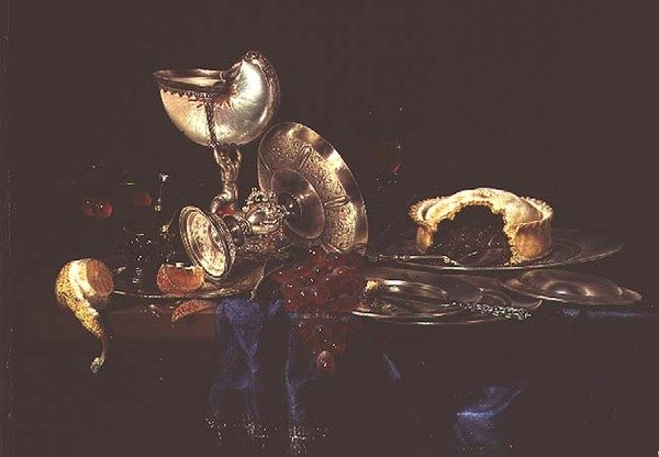 Zátiší s koláčem z mletého masa a šálkem nautilus od Willem Claesz. Heda