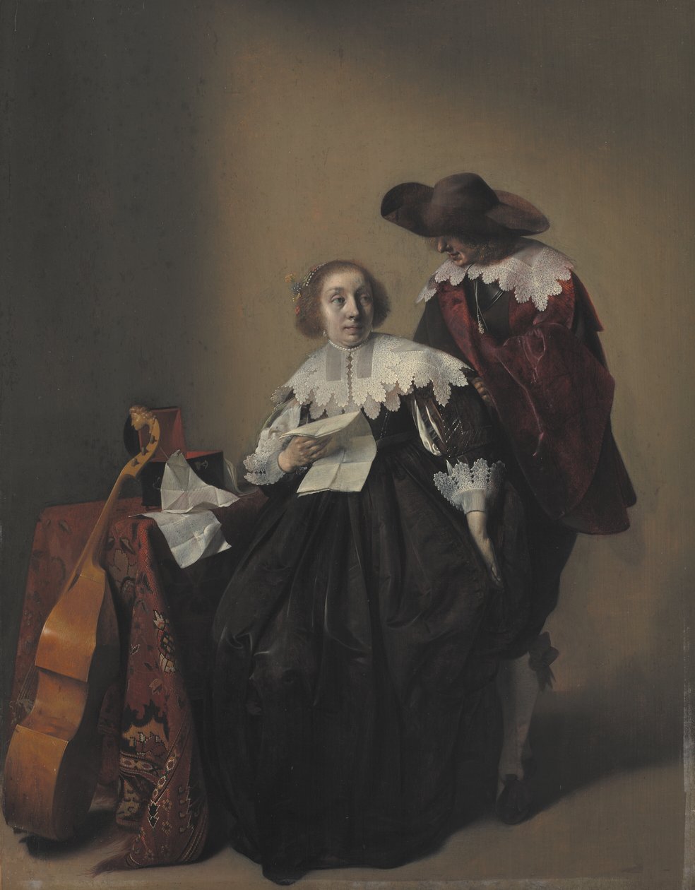 Sedící žena s dopisem, gentleman stojící u ní od Willem Cornelisz Duyster