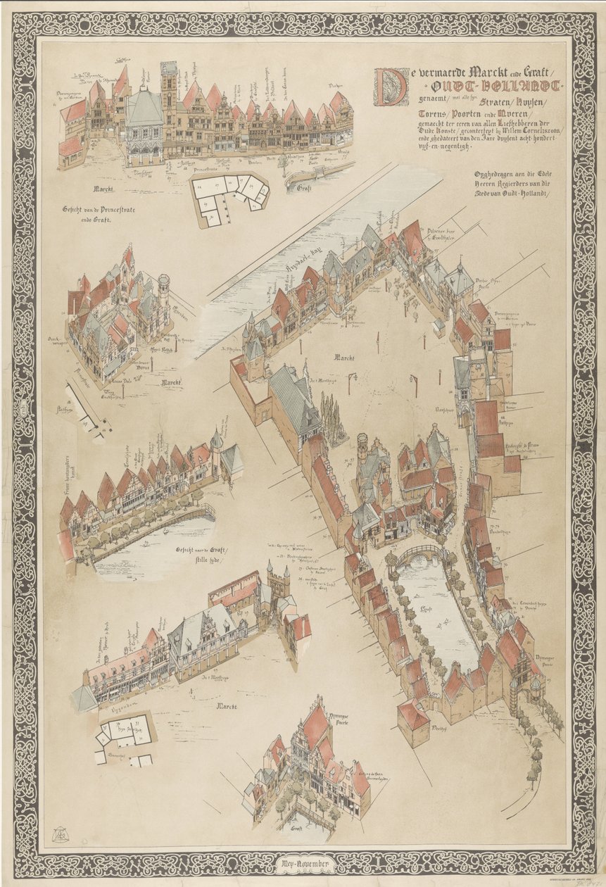 Mapa starého Holandska, 1895 De vermaerde Marckt ende Graft / Oudt-Hollandt jménem / se všemi syn Straten / Huysen (...) vyrobený na počest všech milovníků starého umění (...). (název na objektu) od Willem Corneliszoon