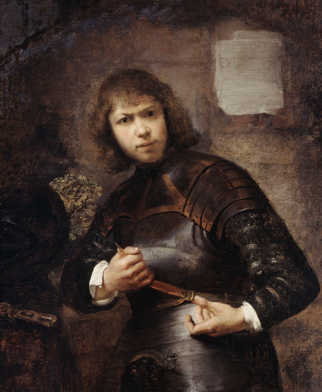 Voják, stojící tříčtvrteční, zapíná si opasek, od Willem Drost