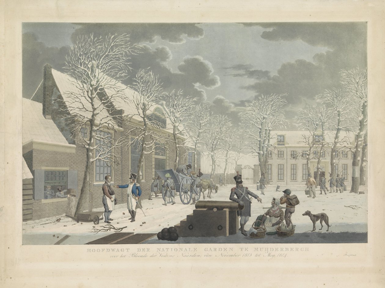 Hlavní stráž Národní gardy v Muiderberg, 1813-1814 Hoofdwagt der Nationale Garden v Muijderberch před Blocade der Vesting Naarden, od listopadu 1813 do Mey 1814 (název na objektu) od Willem Hendrik Hoogkamer (attributed to)