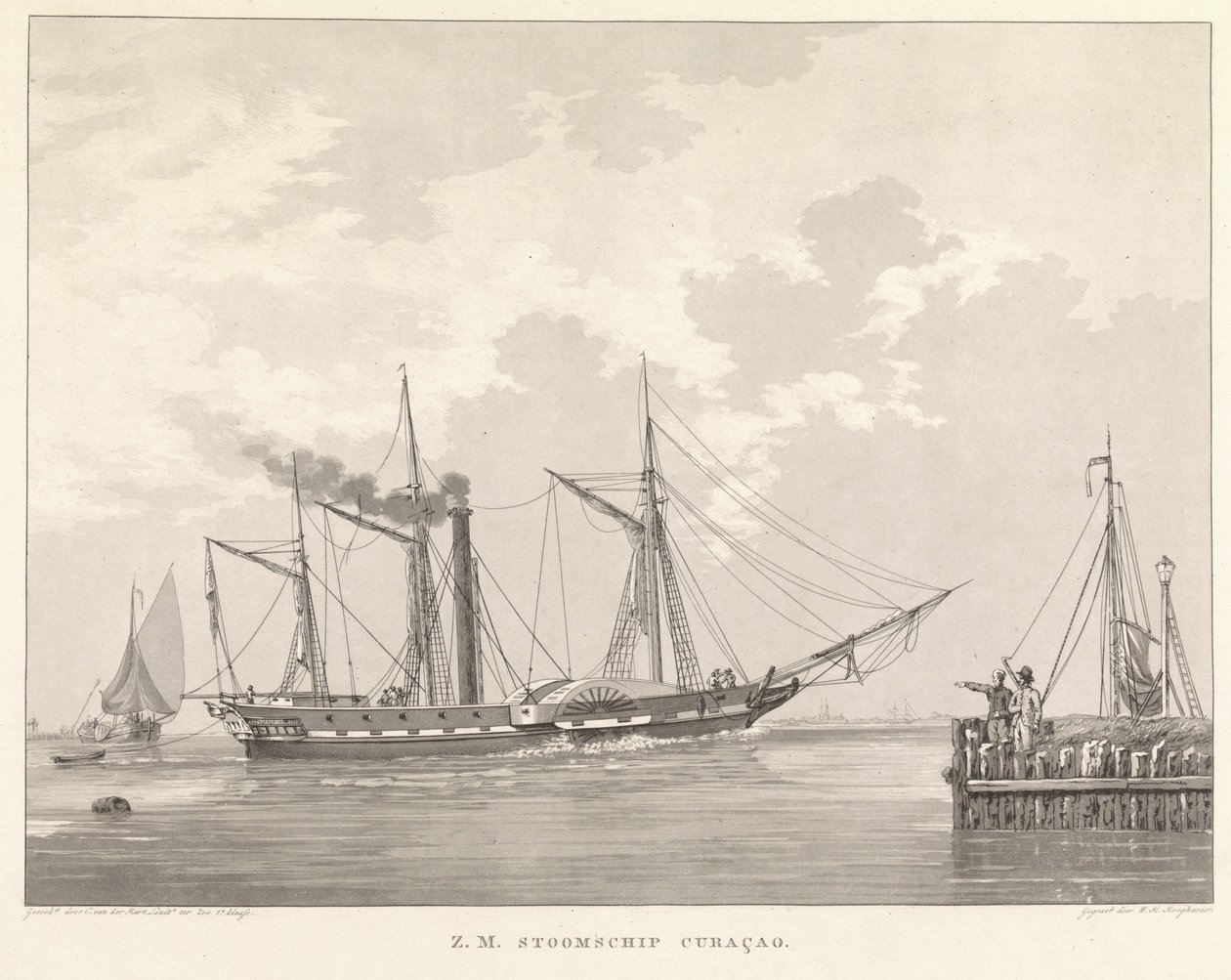 Kolesový parník na nábřeží Z.M. Parník Curaçao (název na objektu) od Willem Hendrik Hoogkamer