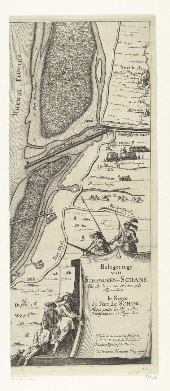 Beleg van Schenckenschans (pravá strana), 1635 Obléhání Schencken-Schans se všemi novými pevnostmi a přístupy od Willem Hondius