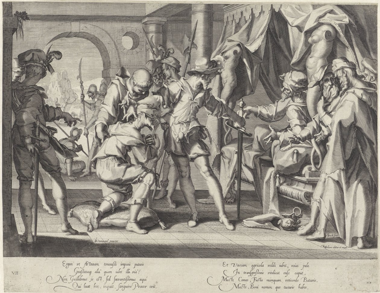 Hrabě Vilém III. z Holandska nařídí stětí svého soudního vykonavatele Thronus Justitiae (název série) od Willem Isaacsz. van Swanenburg